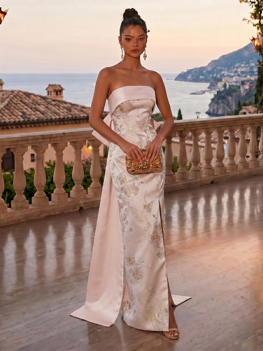 Jacquard Sheath/Column Strapless Floor-Length Evening Dresses with Corset Bodice, Bow & Sweep Train