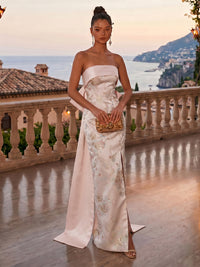 Jacquard Sheath/Column Strapless Floor-Length Evening Dresses with Corset Bodice, Bow & Sweep Train
