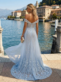 Lace Sheath/Column Off Shoulder Floor-Length Evening Dresses with Sweep Train