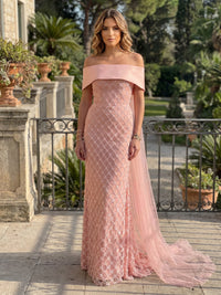 Sequin Sheath/Column Off Shoulder Floor-Length Evening Dresses with Sweep Train