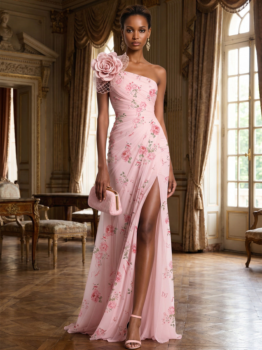Floral Print A-Line/Princess One Shoulder Floor-Length Evening Dresses with Ruched Waist & Slit