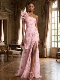 Floral Print A-Line/Princess One Shoulder Floor-Length Evening Dresses with Ruched Waist & Slit