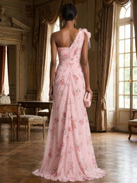 Floral Print A-Line/Princess One Shoulder Floor-Length Evening Dresses with Ruched Waist & Slit