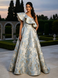 Jacquard A-Line/Princess One Shoulder Floor-Length Evening Dresses with Ruffles