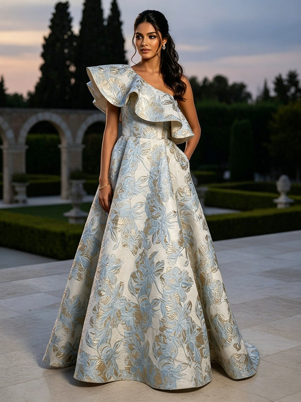 Jacquard A-Line/Princess One Shoulder Floor-Length Evening Dresses with Ruffles