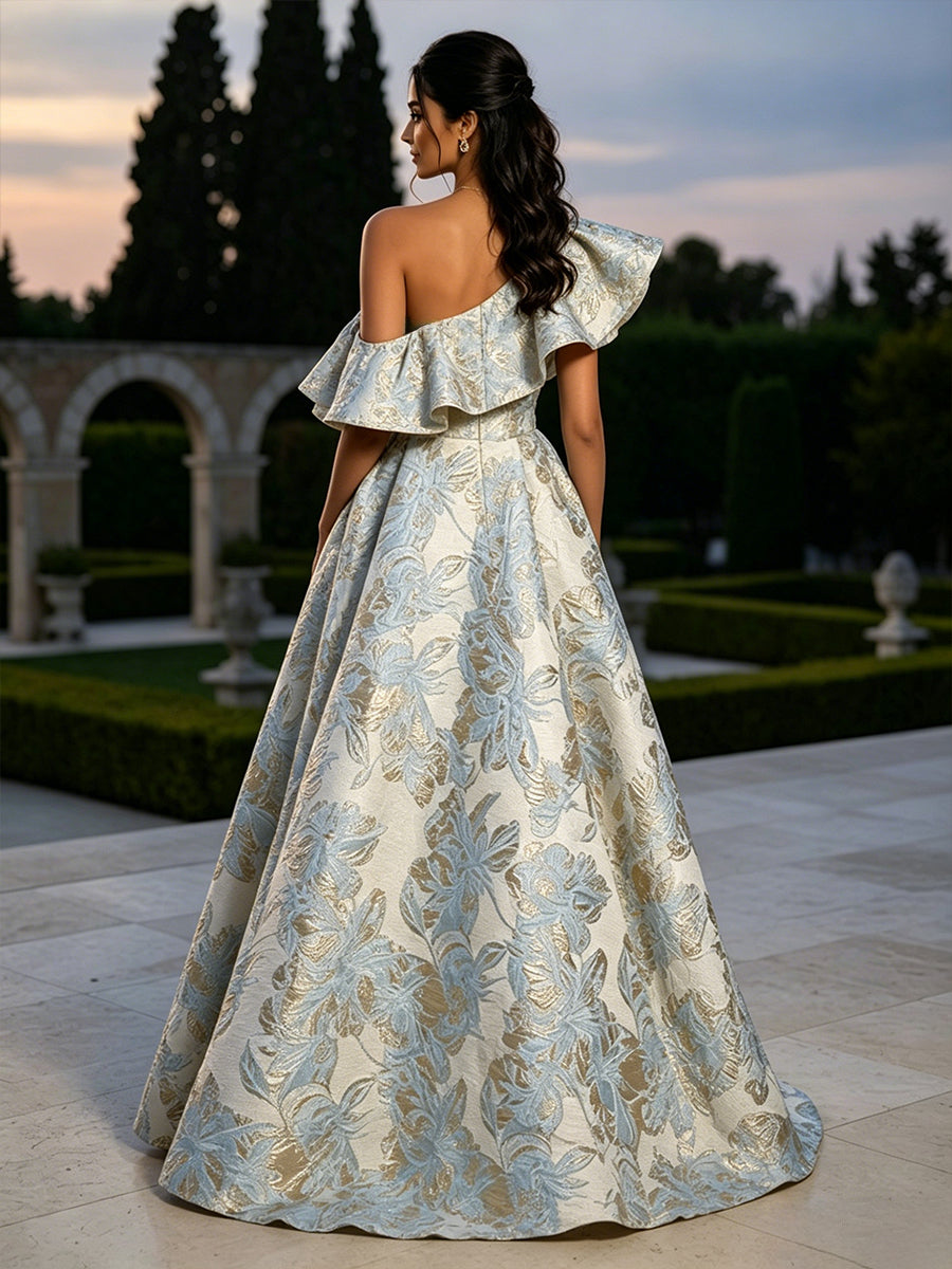 Jacquard A-Line/Princess One Shoulder Floor-Length Evening Dresses with Ruffles
