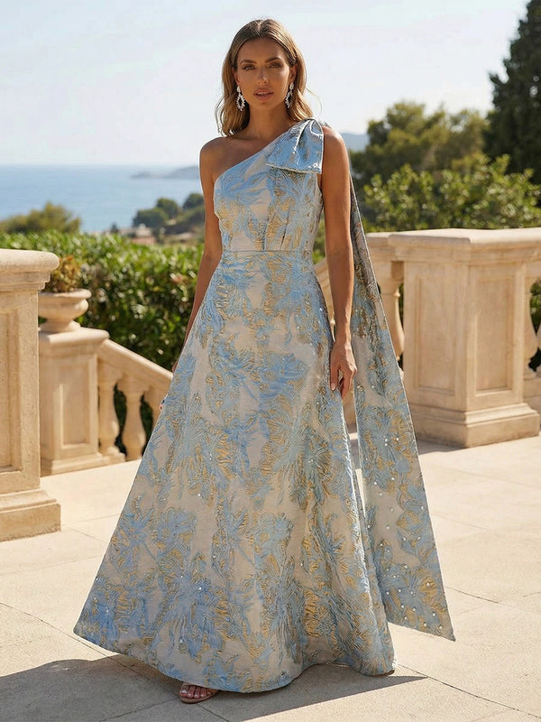 Jacquard A-Line/Princess One Shoulder Floor-Length Evening Dresses with Side Draped Sash