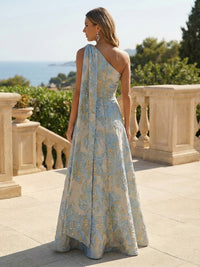 Jacquard A-Line/Princess One Shoulder Floor-Length Evening Dresses with Side Draped Sash