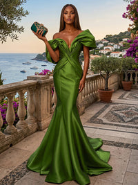 Satin Mermaid/Trumpet Off Shoulder Floor-Length Evening Dresses with Ruched Waist & Sweep Train