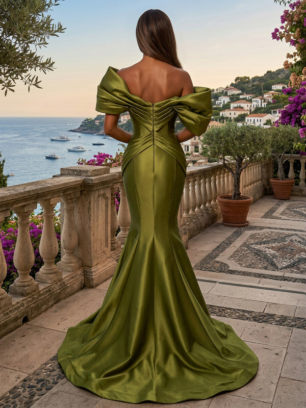 Satin Mermaid/Trumpet Off Shoulder Floor-Length Evening Dresses with Ruched Waist & Sweep Train