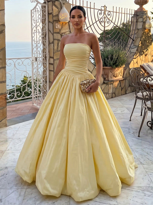 Satin A-Line/Princess Strapless Floor-Length Evening Dresses with Ruched Waist