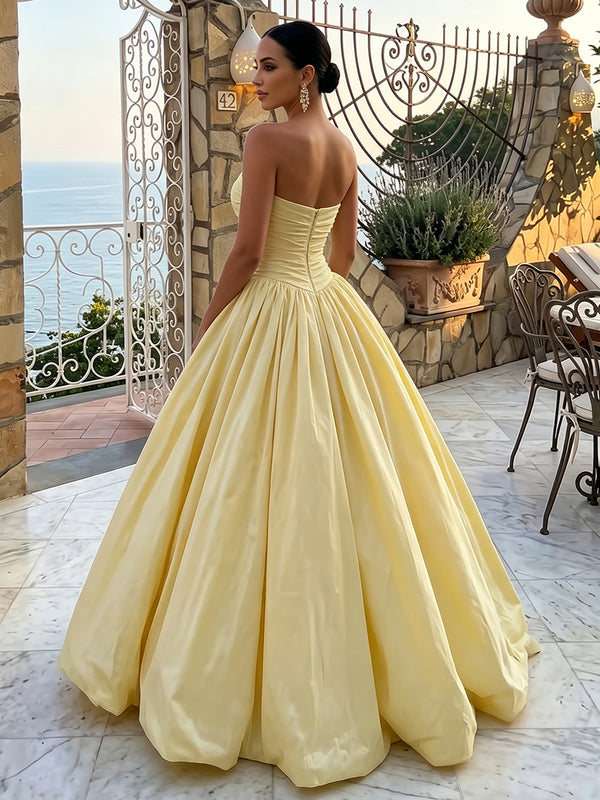 Satin A-Line/Princess Strapless Floor-Length Evening Dresses with Ruched Waist