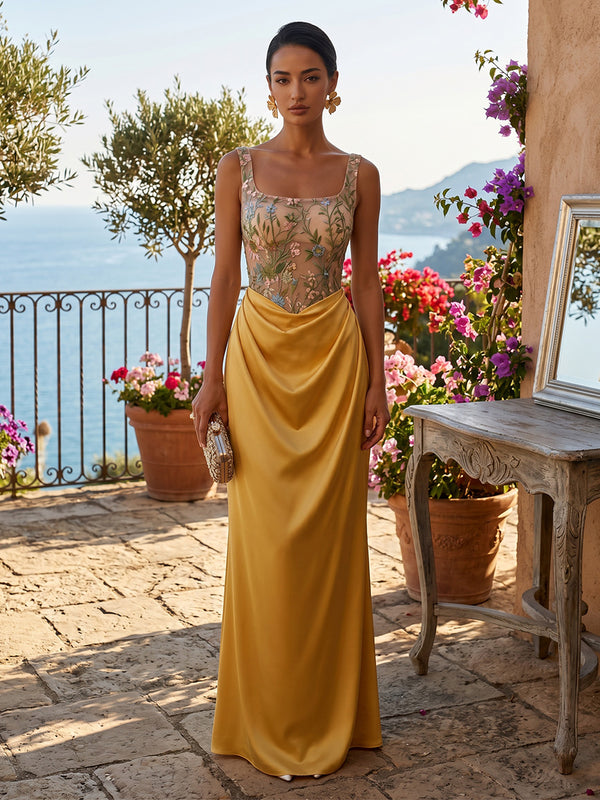 Satin Sheath/Column Square Neck Floor-Length Evening Dresses with Lace Embroidery Bodice