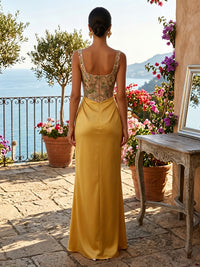 Satin Sheath/Column Square Neck Floor-Length Evening Dresses with Lace Embroidery Bodice