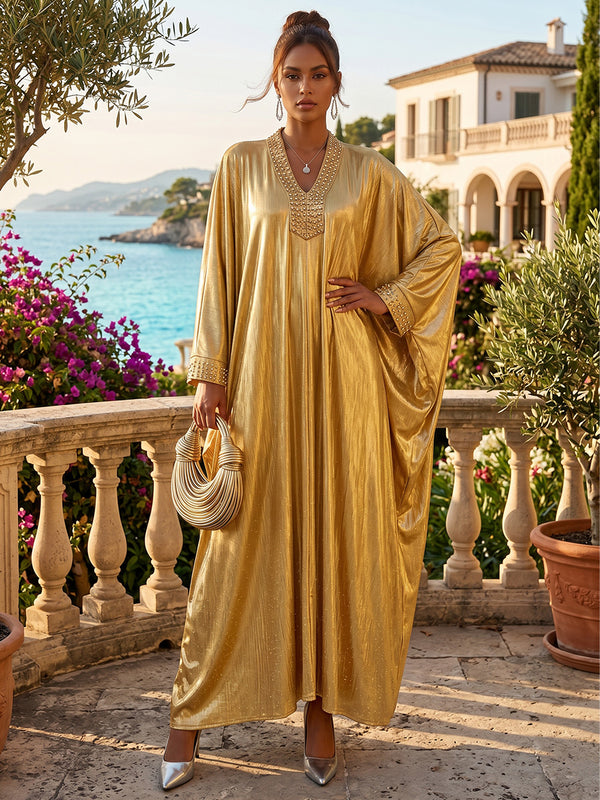 Metallic Satin Shift Dresses V-Neck Floor-Length Evening Dresses with Pleats