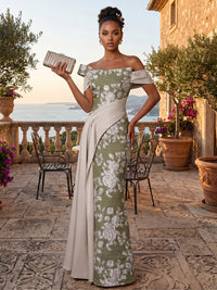 Jacquard Sheath/Column Off Shoulder Floor-Length Evening Dresses with Ruched Waist