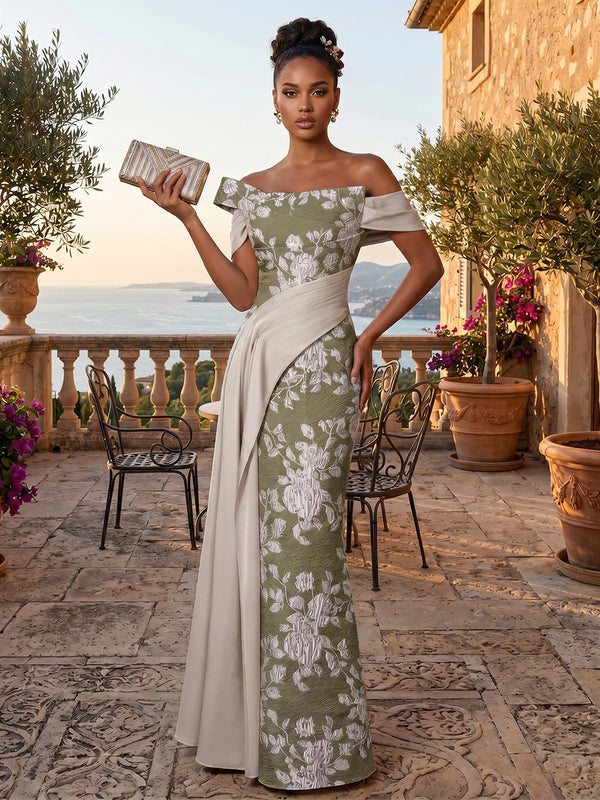 Jacquard Sheath/Column Off Shoulder Floor-Length Evening Dresses with Ruched Waist