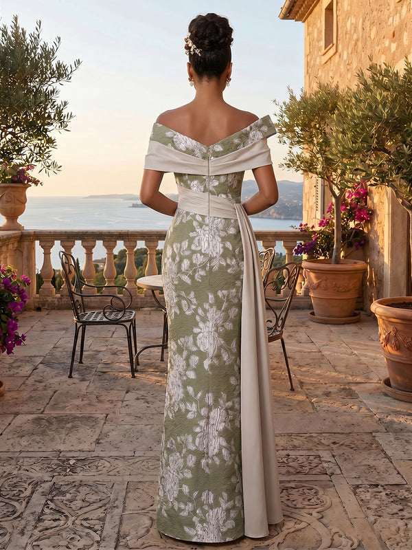 Jacquard Sheath/Column Off Shoulder Floor-Length Evening Dresses with Ruched Waist