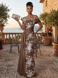 Jacquard Sheath/Column Off Shoulder Floor-Length Evening Dresses with Ruched Waist