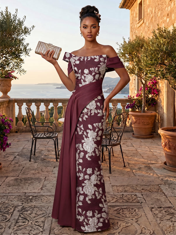 Jacquard Sheath/Column Off Shoulder Floor-Length Evening Dresses with Ruched Waist