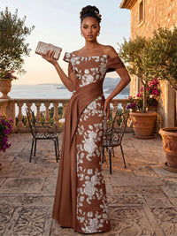 Jacquard Sheath/Column Off Shoulder Floor-Length Evening Dresses with Ruched Waist