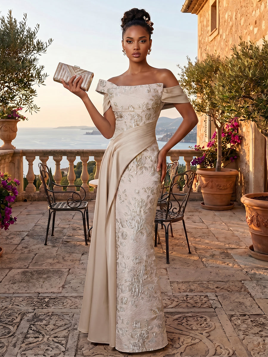 Jacquard Sheath/Column Off Shoulder Floor-Length Evening Dresses with Ruched Waist