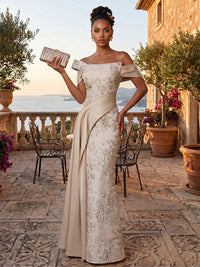 Jacquard Sheath/Column Off Shoulder Floor-Length Evening Dresses with Ruched Waist