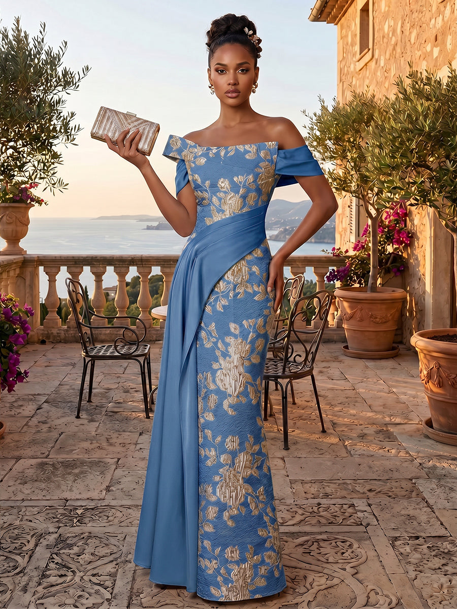 Jacquard Sheath/Column Off Shoulder Floor-Length Evening Dresses with Ruched Waist