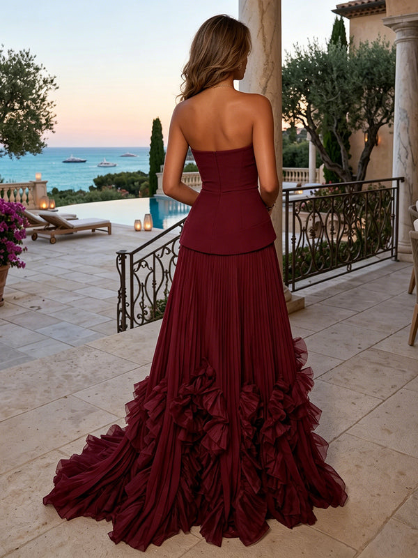 Chiffon A-Line/Princess Strapless Floor-Length Evening Dresses with Sweep Train & Pleats