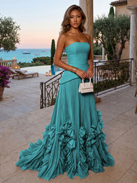 Chiffon A-Line/Princess Strapless Floor-Length Evening Dresses with Sweep Train & Pleats