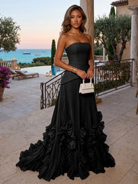 Chiffon A-Line/Princess Strapless Floor-Length Evening Dresses with Sweep Train & Pleats
