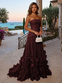 Chiffon A-Line/Princess Strapless Floor-Length Evening Dresses with Sweep Train & Pleats