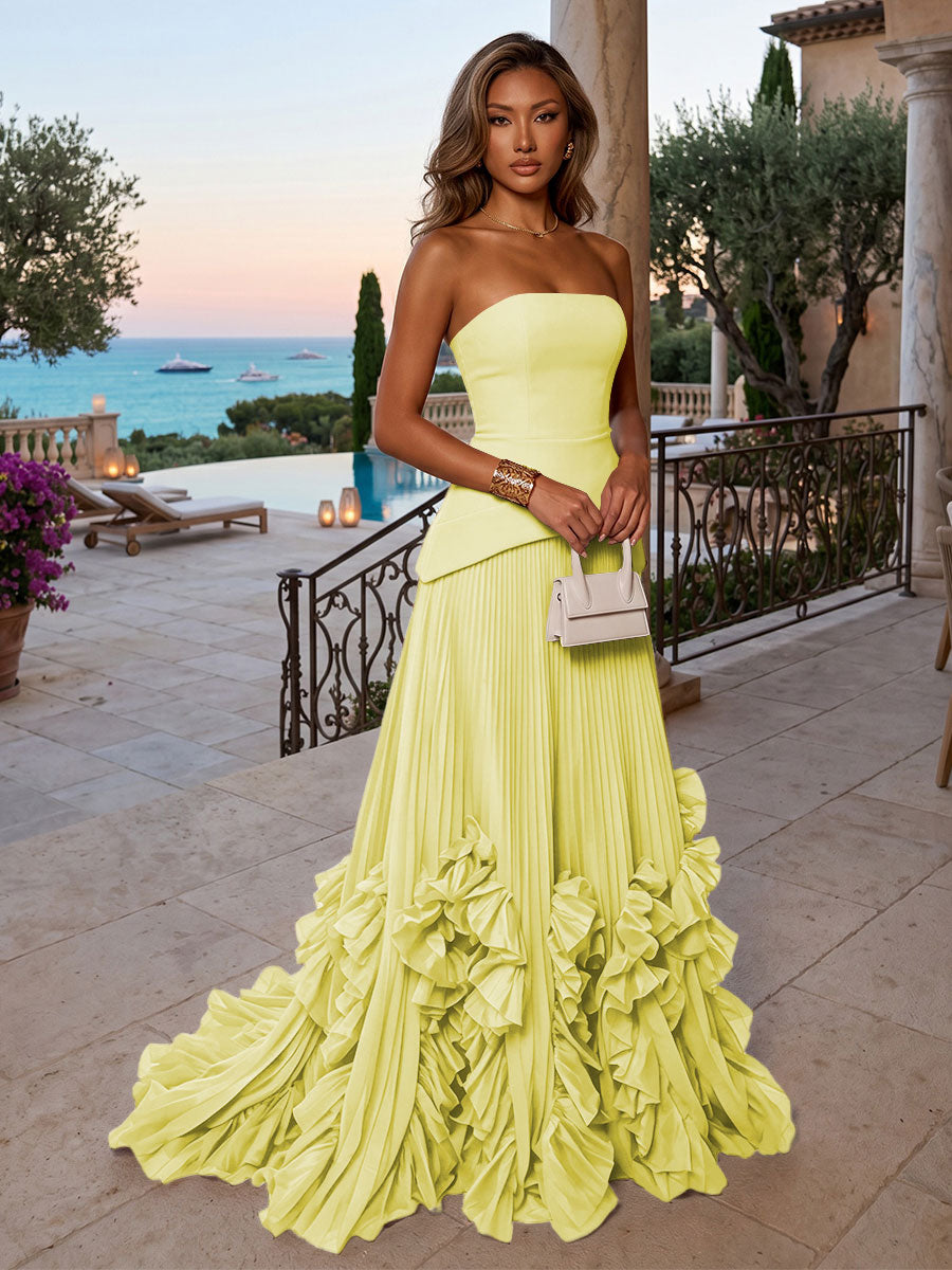 Chiffon A-Line/Princess Strapless Floor-Length Evening Dresses with Sweep Train & Pleats