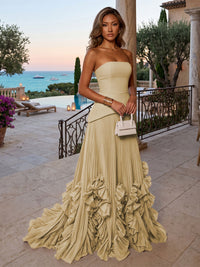 Chiffon A-Line/Princess Strapless Floor-Length Evening Dresses with Sweep Train & Pleats