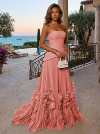 Chiffon A-Line/Princess Strapless Floor-Length Evening Dresses with Sweep Train & Pleats
