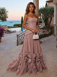 Chiffon A-Line/Princess Strapless Floor-Length Evening Dresses with Sweep Train & Pleats