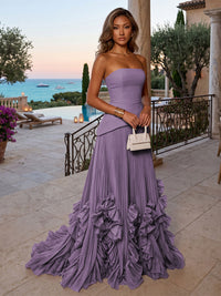 Chiffon A-Line/Princess Strapless Floor-Length Evening Dresses with Sweep Train & Pleats