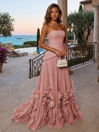Chiffon A-Line/Princess Strapless Floor-Length Evening Dresses with Sweep Train & Pleats