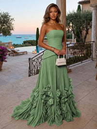 Chiffon A-Line/Princess Strapless Floor-Length Evening Dresses with Sweep Train & Pleats
