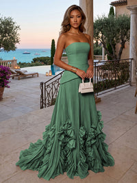 Chiffon A-Line/Princess Strapless Floor-Length Evening Dresses with Sweep Train & Pleats