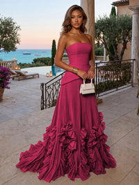 Chiffon A-Line/Princess Strapless Floor-Length Evening Dresses with Sweep Train & Pleats