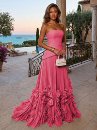 Chiffon A-Line/Princess Strapless Floor-Length Evening Dresses with Sweep Train & Pleats