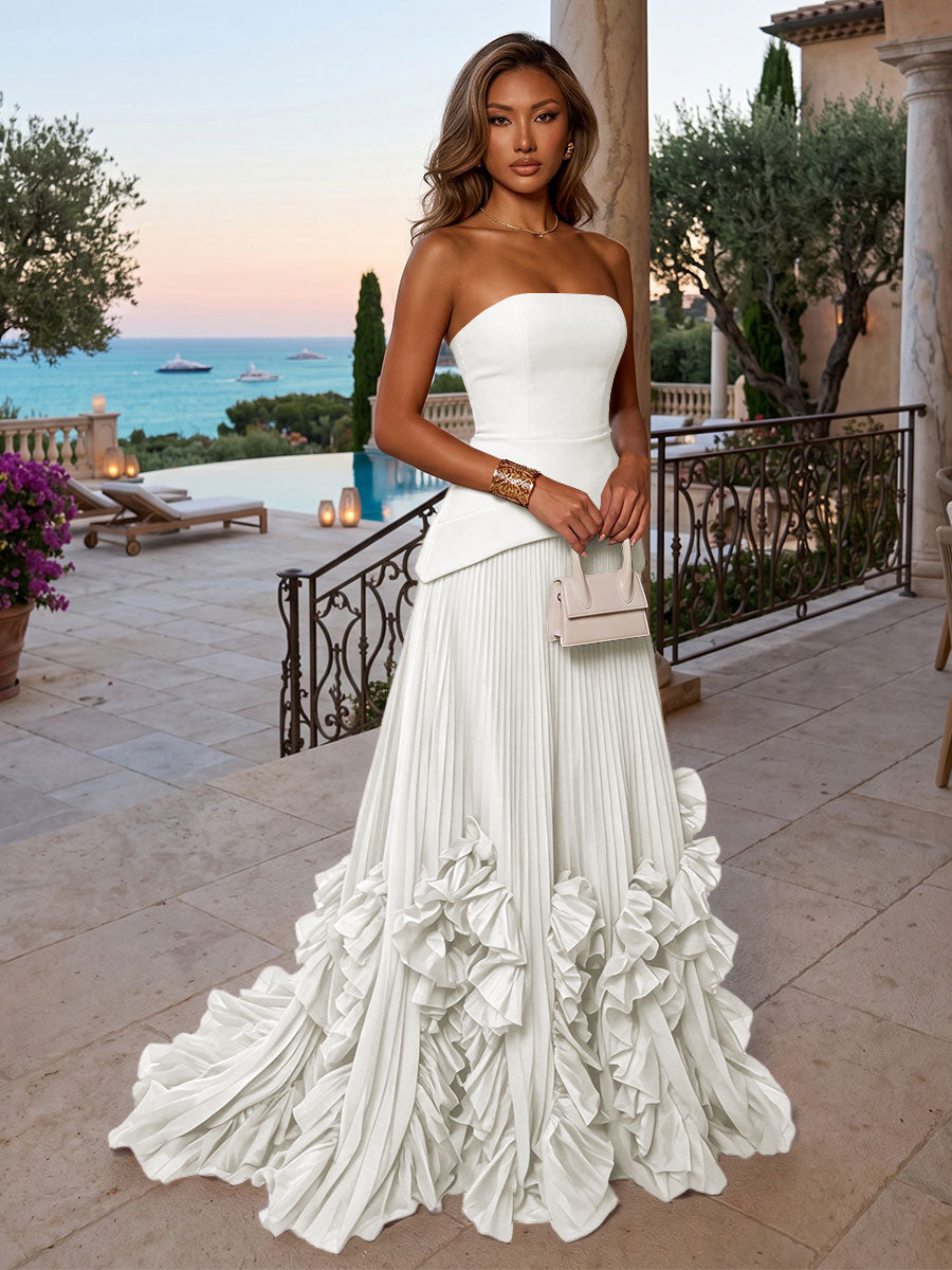 Chiffon A-Line/Princess Strapless Floor-Length Evening Dresses with Sweep Train & Pleats