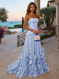 Chiffon A-Line/Princess Strapless Floor-Length Evening Dresses with Sweep Train & Pleats