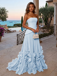 Chiffon A-Line/Princess Strapless Floor-Length Evening Dresses with Sweep Train & Pleats