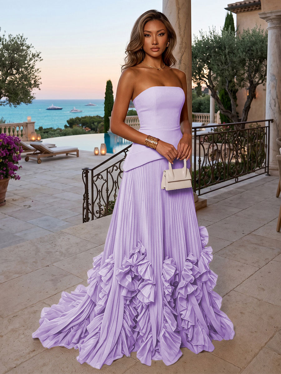 Chiffon A-Line/Princess Strapless Floor-Length Evening Dresses with Sweep Train & Pleats