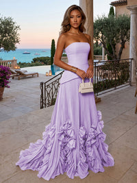 Chiffon A-Line/Princess Strapless Floor-Length Evening Dresses with Sweep Train & Pleats
