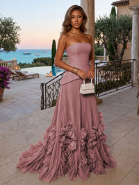Chiffon A-Line/Princess Strapless Floor-Length Evening Dresses with Sweep Train & Pleats