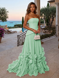 Chiffon A-Line/Princess Strapless Floor-Length Evening Dresses with Sweep Train & Pleats