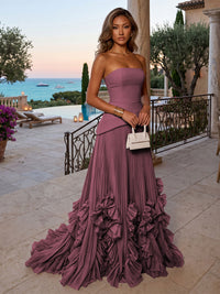 Chiffon A-Line/Princess Strapless Floor-Length Evening Dresses with Sweep Train & Pleats